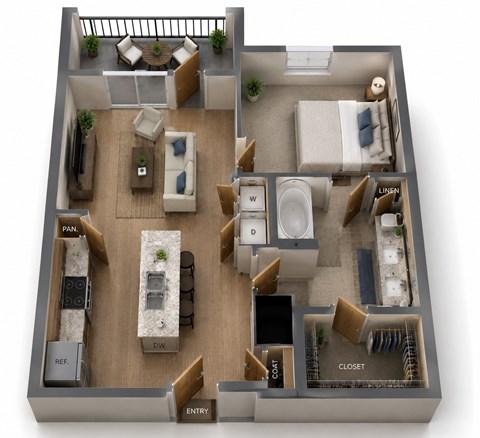 Floor plan for 1 bed, 1 bath, 741 sqft